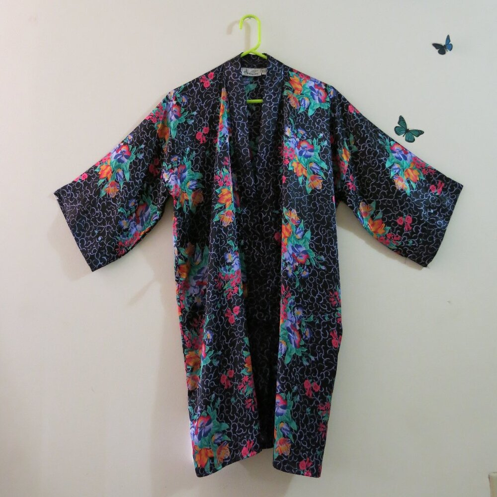 Vintage Jo.Intimates Polyester Satin Floral Violets Tulips Kimono Robe Size M/L
